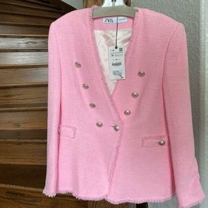 ZARA PINK TWEED V NECK BLAZER